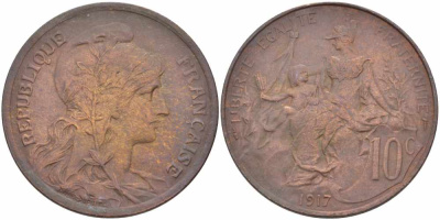 Франция 10 сантимов 1917 тип Даниэль Дюпюи KM 843, LA FRANC 136.29 бронза 109-431
