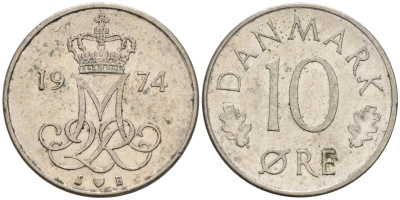 ДАНИЯ 10 ЭРЕ 1974 S; B, МАРГРЕТЕ II (1972-) KM 860.1 медно-никель 4564-1231