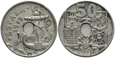 Испания 50 сентимо 1949 Франсиско Франко (1939-1975) KM 777 медно-никель 4171-431