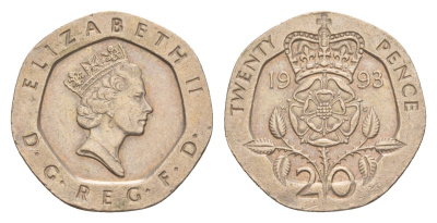 Великобритания 20 пенсов 1993 Елизавета II (1952-2022) KM 939, Spink 4361 (G2) медно-никель 4639-863
