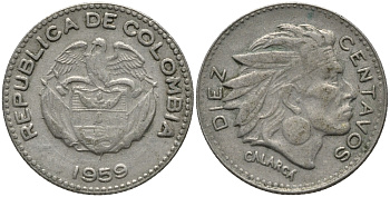 Колумбия 10 сентаво 1959 индеец Каларка KM 212.2 медно-никель 73-215
