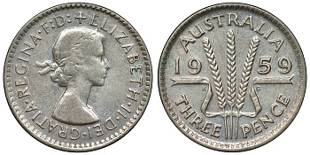 Австралия 3 пенса 1959 m, Елизавета II (1952-2022) KM 57 серебро 71-621