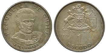 Чили 1 эскудо 1971 Хосе Мигель Каррера KM 197 медно-никель 4118-242