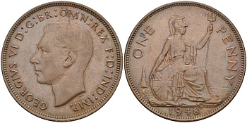 Великобритания 1 пенни 1948 Георг VI (1936-1952) KM 845, Spink 4114 бронза 4117-1235