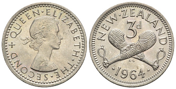 Новая Зеландия 3 пенса 1965 Елизавета II (1952-2022), пату (боевая палица) KM 25.2 медно-никель  aUNC  220-943