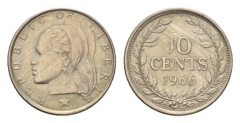 Либерия 10 центов 1966 год-тип KM 15a.1 медно-никель aUNC 4679-119