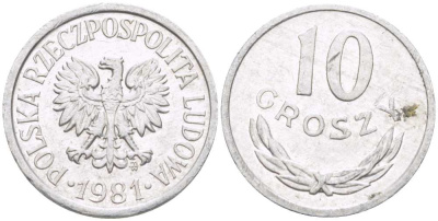 Польша 10 грошей 1981 MW KM AA47, Parchimowicz 206u алюминий 99-714