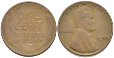 США 1 ЦЕНТ 1939 ЛИНКОЛЬН KM 132 бронза 3309-439
