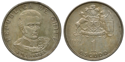 Чили 1 эскудо 1971 Хосе Мигель Каррера KM 197 медно-никель 4118-242