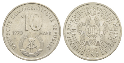 ГДР 10 марок 1973 A, фестиваль молодежи и студентов 1973 года в Берлине KM 44, J. 1545 медно-никель    4634-216