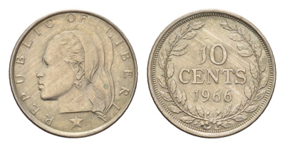 Либерия 10 центов 1966 год-тип KM 15a.1 медно-никель aUNC 4679-119
