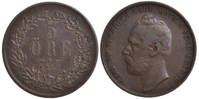 Швеция 5 эре 1862 Карл XV (1859-1872) KM 707 медь 4179-1134