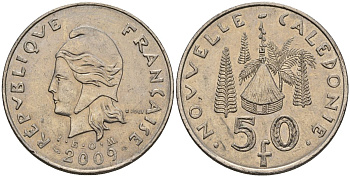 Французская Новая Каледония 50 франков 2009 хижина среди сосен и пальм, (IEOM) KM 13a, Schoen 15a, Lec 128i медно-никель 4111-914