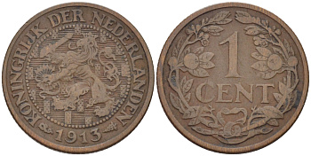 НИДЕРЛАНДЫ 1 ЦЕНТ 1913 ВИЛЬГЕЛЬМИНА (1890-1948) KM 152 бронза 100-611