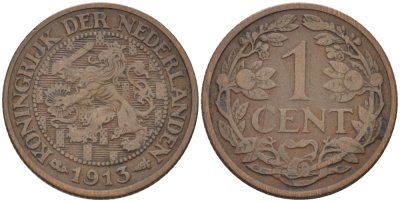 НИДЕРЛАНДЫ 1 ЦЕНТ 1913 ВИЛЬГЕЛЬМИНА (1890-1948) KM 152 бронза 100-611