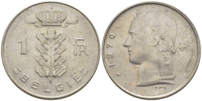 БЕЛЬГИЯ 1 ФРАНК 1970 BELGIE, БОДУЭН I (1951-1993) KM 143.1 медно-никель 119-617