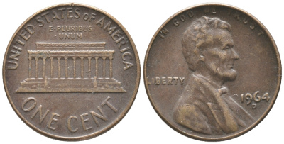 США 1 ЦЕНТ 1964 D, ЛИНКОЛЬН KM 201 медь цинк 100-1056