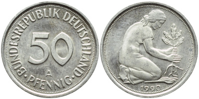 ФРГ 50 ПФЕННИГОВ 1990 A КМ 109.2 J.384a медно-никель UNC 4392-1056