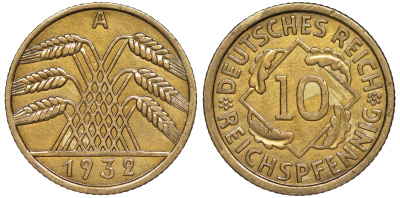 Германия 10 рейхспфеннигов 1932 A KM 40, J. 317 алюминиевая бронза 4604-716