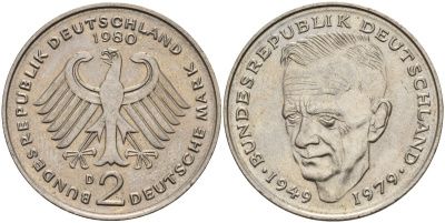 ФРГ 2 марки 1980 D, Курт Шумахер, 30 лет Федеративной Республике (1949-1979) KM 149, J. 424 медно-никель 4187-816