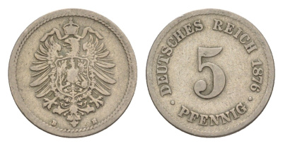 Германия 5 пфеннигов 1876 B, Вильгельм I (1871-1888) KM 3, J. 3, Weege 5 медно-никель 4639-1249