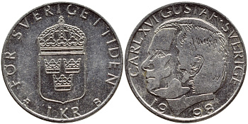 Швеция 1 крона 1998 Карл XVI Густав (1973- ) KM 852a медно-никель 4622-351