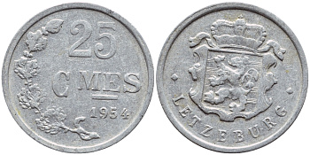 ЛЮКСЕМБУРГ 25 САНТИМОВ 1954 ПЕРВЫЙ ГОД KM 45а.1 алюминий 4398-823