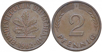 ФРГ 2 ПФЕННИГА 1962 J KM 106, J.381 бронза 4547-1137
