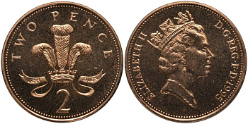Великобритания 2 пенса 1995 Елизавета II (1952-2022) KM 936а, Spink 4386 (C4) сталь плакированная медью UNC 181-625