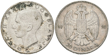 Югославия 20 динаров 1938 Петр II (1934-1945) KM 23 серебро 4182-357