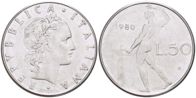 ИТАЛИЯ 50 ЛИР 1980 R, КУЗНЕЦ KM 95.1 нержавеющая сталь 4523-712