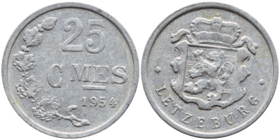 ЛЮКСЕМБУРГ 25 САНТИМОВ 1954 ПЕРВЫЙ ГОД KM 45а.1 алюминий 4398-823