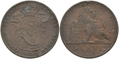 БЕЛЬГИЯ 5 САНТИМОВ 1856 BELGES KM 5.1 медь 69-942