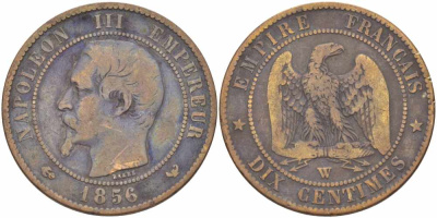 Франция 10 сантимов 1856 W, Наполеон III (1852-1870) KM 771.7, Le Franc 133.38 бронза    4680-634
