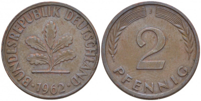 ФРГ 2 ПФЕННИГА 1962 J KM 106, J.381 бронза 4547-1137