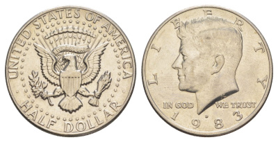 США 1/2 доллара (50 центов) 1983 D, Джон Кеннеди KM A202b медь плакированная медно-никелем aUNC 180-835