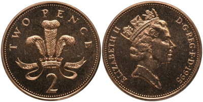 Великобритания 2 пенса 1995 Елизавета II (1952-2022) KM 936а, Spink 4386 (C4) сталь плакированная медью UNC 181-625