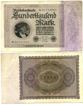 Германия 100000 марок 1923 Георг Гизе, без T под портретом, 8 цифр в номере Pick 83 a, Розенберг 82 а бумага 3295-122-2-2