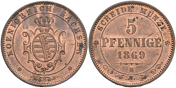 Саксония 5 пфеннигов 1869 В, Johann (1854-1873) KM 1218, AKS 151, J. 123 медь aUNC 1528-625