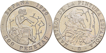 ИСПАНИЯ 200 ПЕСЕТ 1996 МАРИАНО ФОРТУНИ И РАМОН БАЙЕУ, ИСПАНСКИЕ ХУДОЖНИКИ KM 965 медно-никель 4185-915