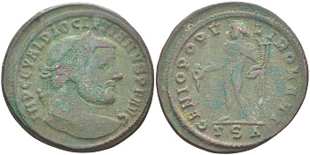 Римская Империя нуммий 298 - 299 Диоклетиан, бюст императора, IMP C C VAL DIOCLETIANVS P F AVG / Гений Римского народа, GENIO POPVLI ROMANI TSA, Фессалоника RIC 19а биллон 1073-23-14