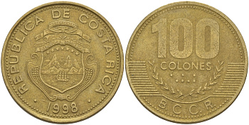 Коста-Рика 100 колон 1998 B.C.C.R. KM 230а латунь 82-242