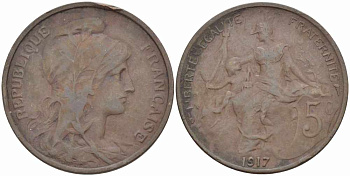 ФРАНЦИЯ 5 САНТИМОВ 1917 ТИП ДАНИЭЛЬ ДЮПЮИ KM 842, LE FRANC 119.30 бронза 108-1022