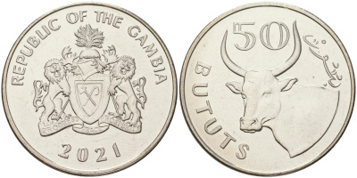 Гамбия 50 бутутов 2021 бык KM 58 a никелированная сталь  UNC  M27-06