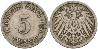 Германия 5 пфеннигов 1890 E KM 11, J. 12 медно-никель 4151-364