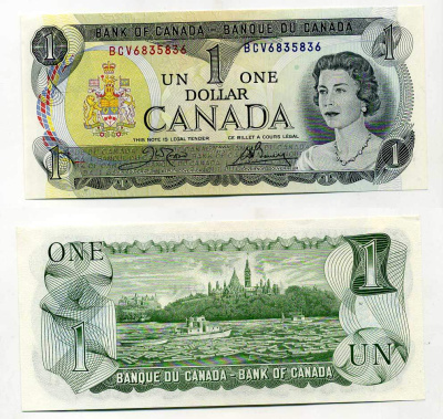 Канада 1 доллар 1973 Елизавета II (1952-2022), здание парламента на реке Оттава, Crow-Bouey Pick 85 c бумага UNC (пресс) 6293-35-1-1