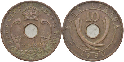 Британская Восточная Африка 10 центов 1950 Георг VI (1936-1952) KM 34 бронза 3333-1214
