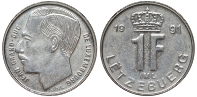 Люксембург 1 франк 1991 малый формат KM 63 сталь плакированная никелем 4532-644