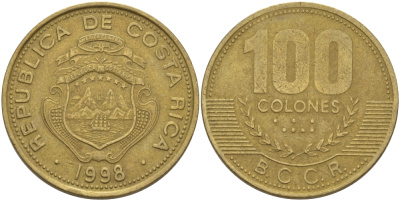 Коста-Рика 100 колон 1998 B.C.C.R. KM 230а латунь 82-242