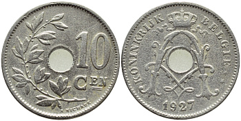 БЕЛЬГИЯ 10 САНТИМОВ 1927 BELGIE KM 86 медно-никель 86-934